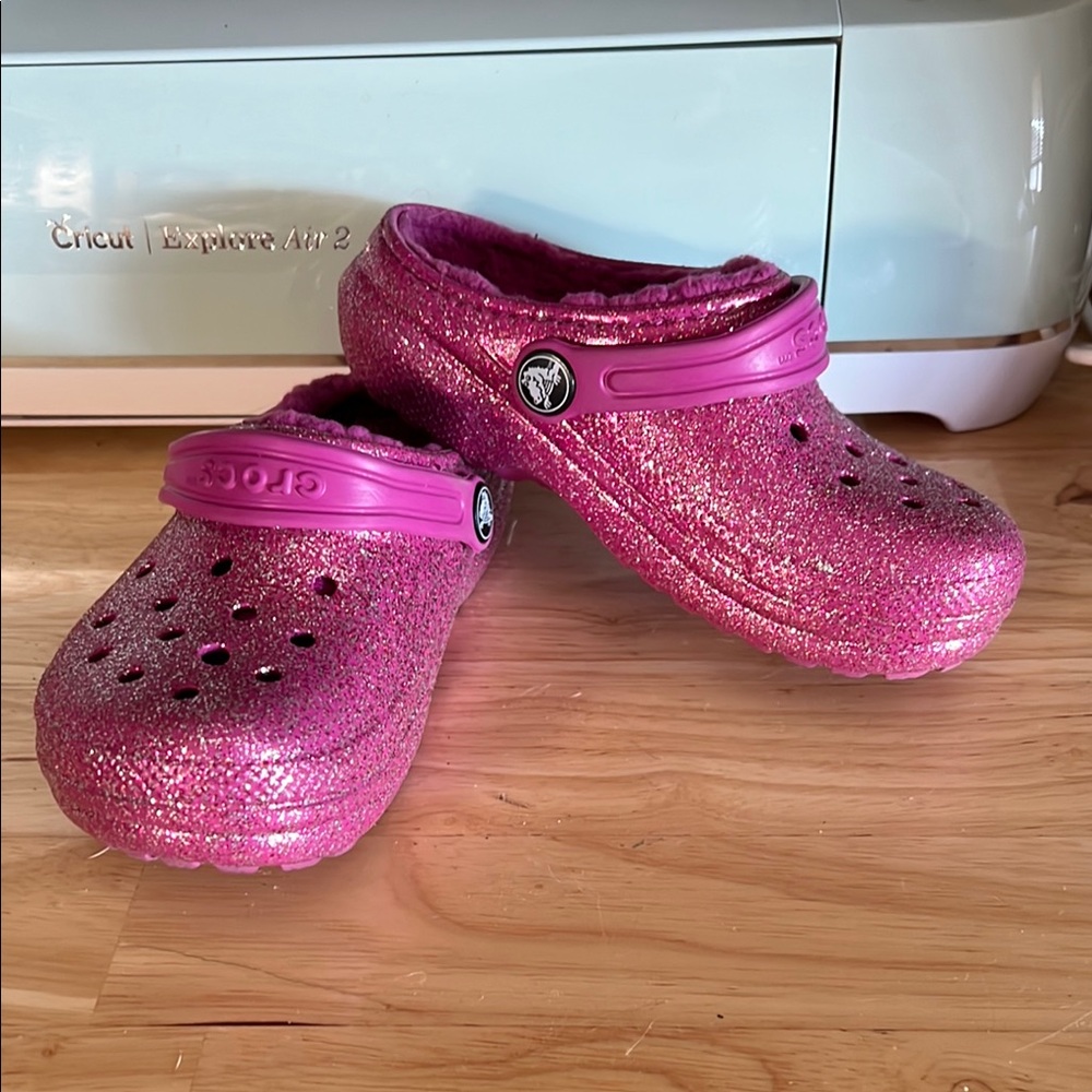 CROCS Pink Glitter Slippers with Perforated Design